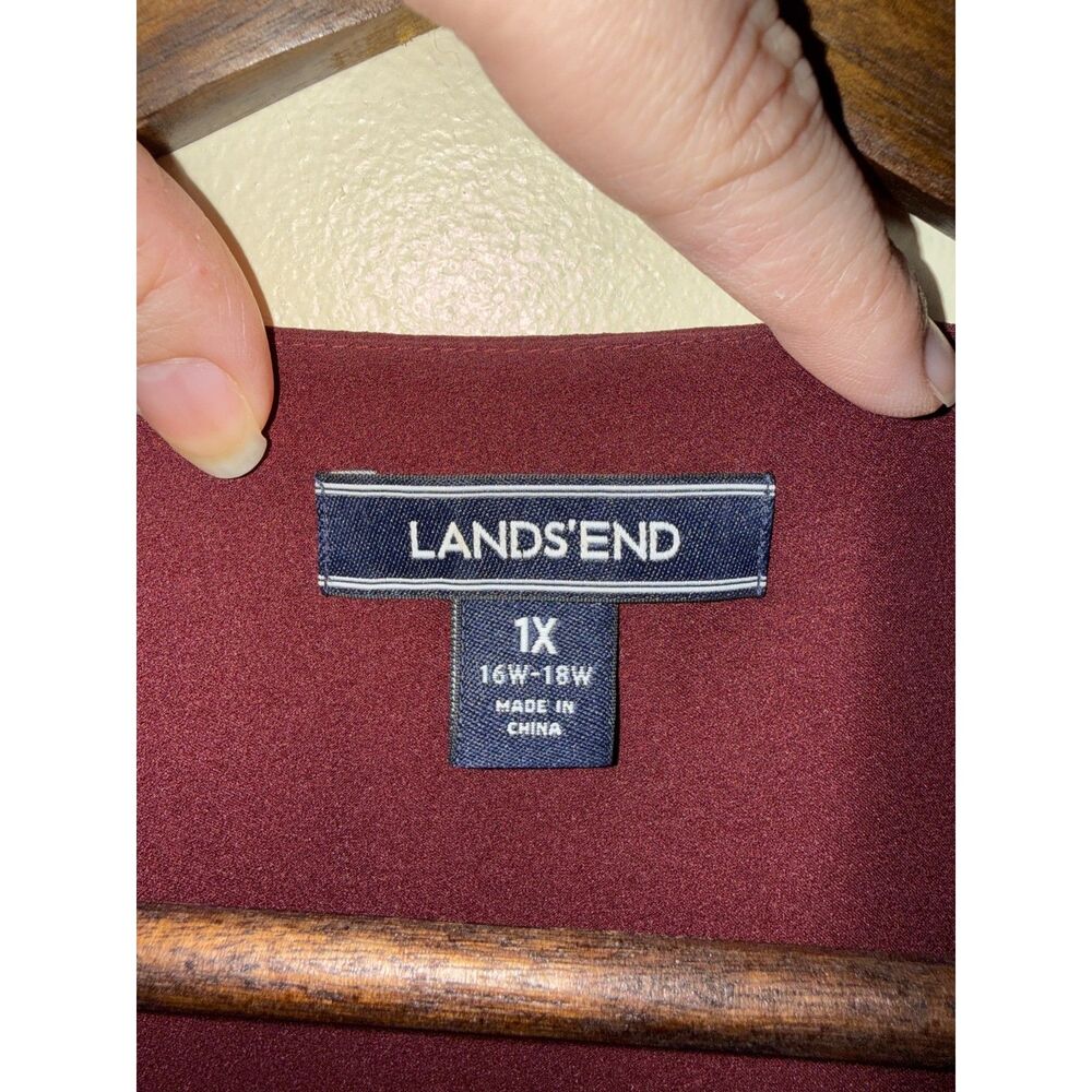 Lands' End Burgundy Pleated Surplice V-Neck Blouse 1X Plus Size Short Sleeve - Picture 4 of 9